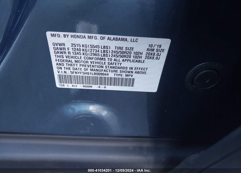 2020 HONDA PILOT 2WD TOURING 7 PASSENGER VIN: 5FNYF5H61LB009044