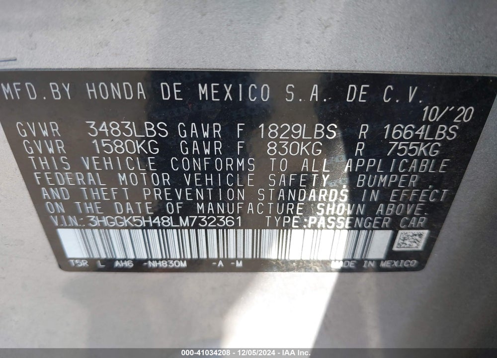 2020 HONDA FIT LX VIN: 3HGGK5H48LM732361