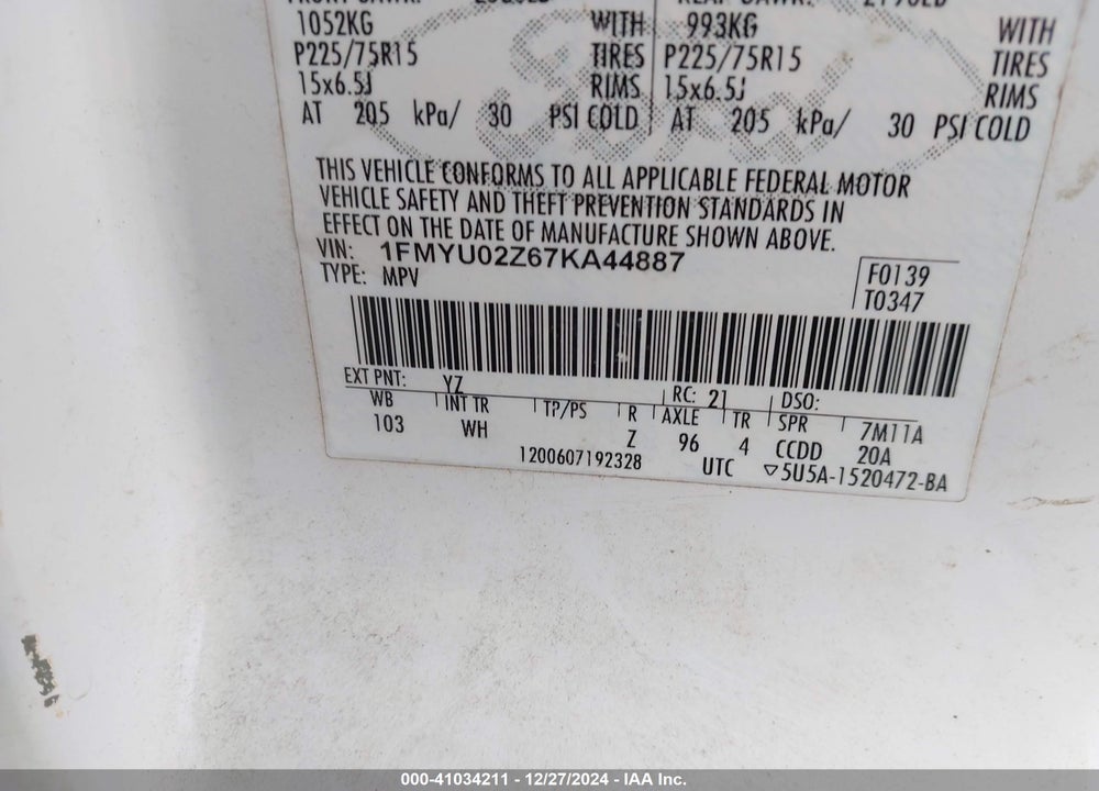 2007 FORD ESCAPE XLS/XLS MANUAL VIN: 1FMYU02Z67KA44887