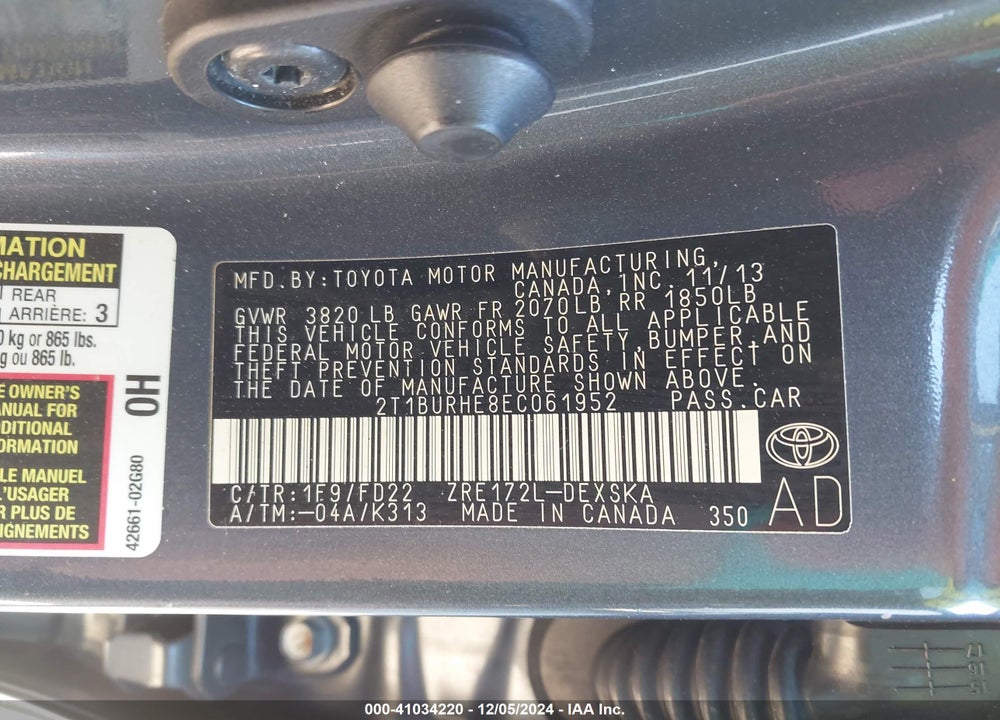2014 TOYOTA COROLLA L/LE/LE PLS/PRM/S/S PLS VIN: 2T1BURHE8EC061952