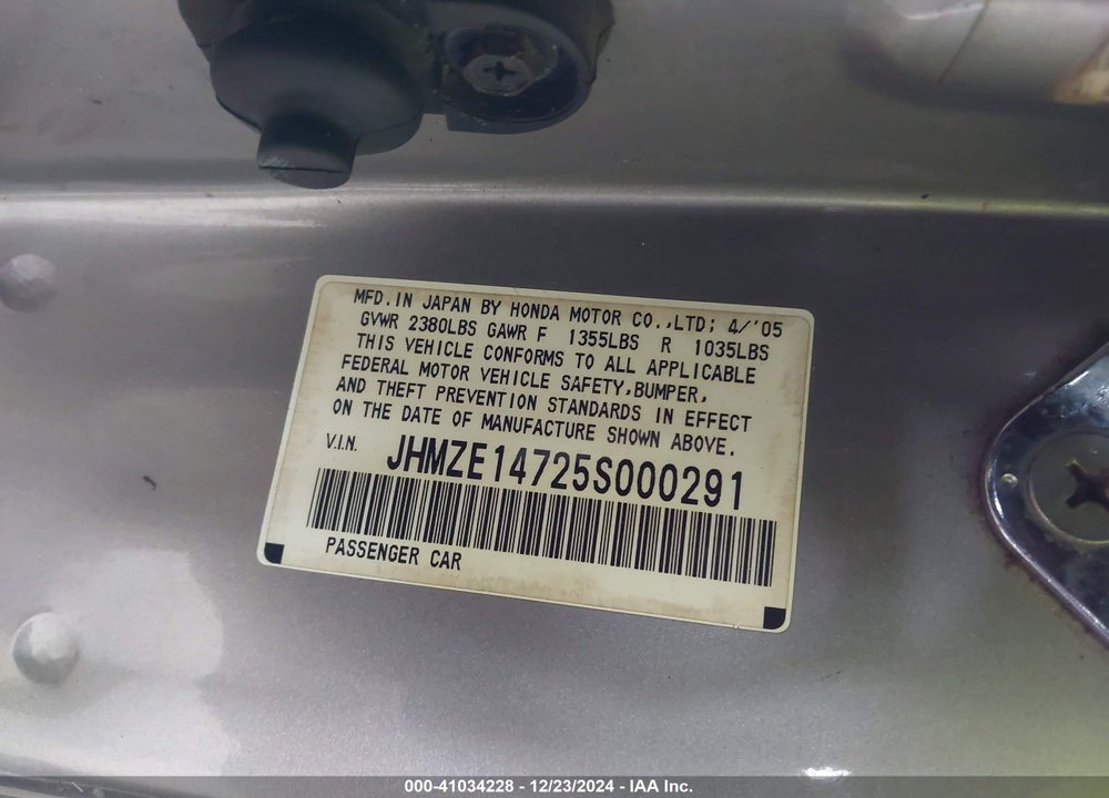 2005 HONDA INSIGHT CVT VIN: JHMZE14725S000291