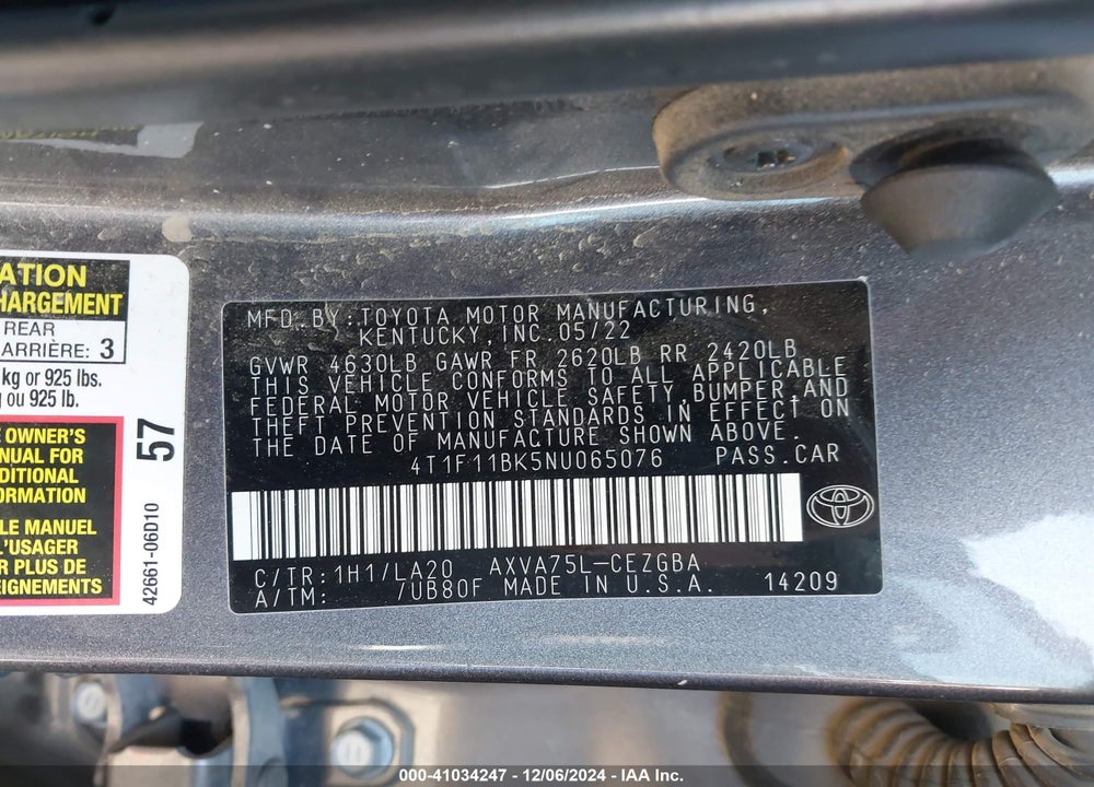 2022 TOYOTA CAMRY VIN: 4T1F11BK5NU065076
