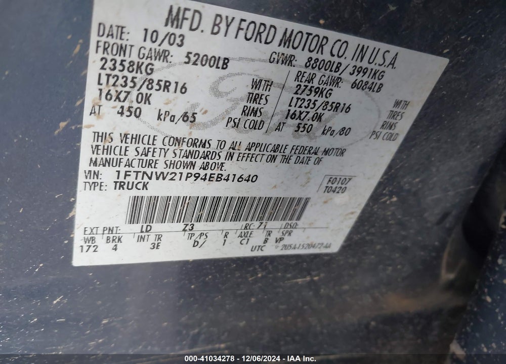 2004 FORD F-250 LARIAT/XL/XLT VIN: 1FTNW21P94EB41640