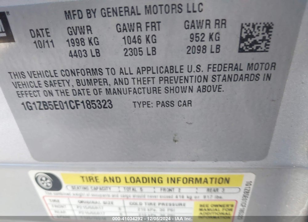 2012 CHEVROLET MALIBU LS VIN: 1G1ZB5E01CF185323