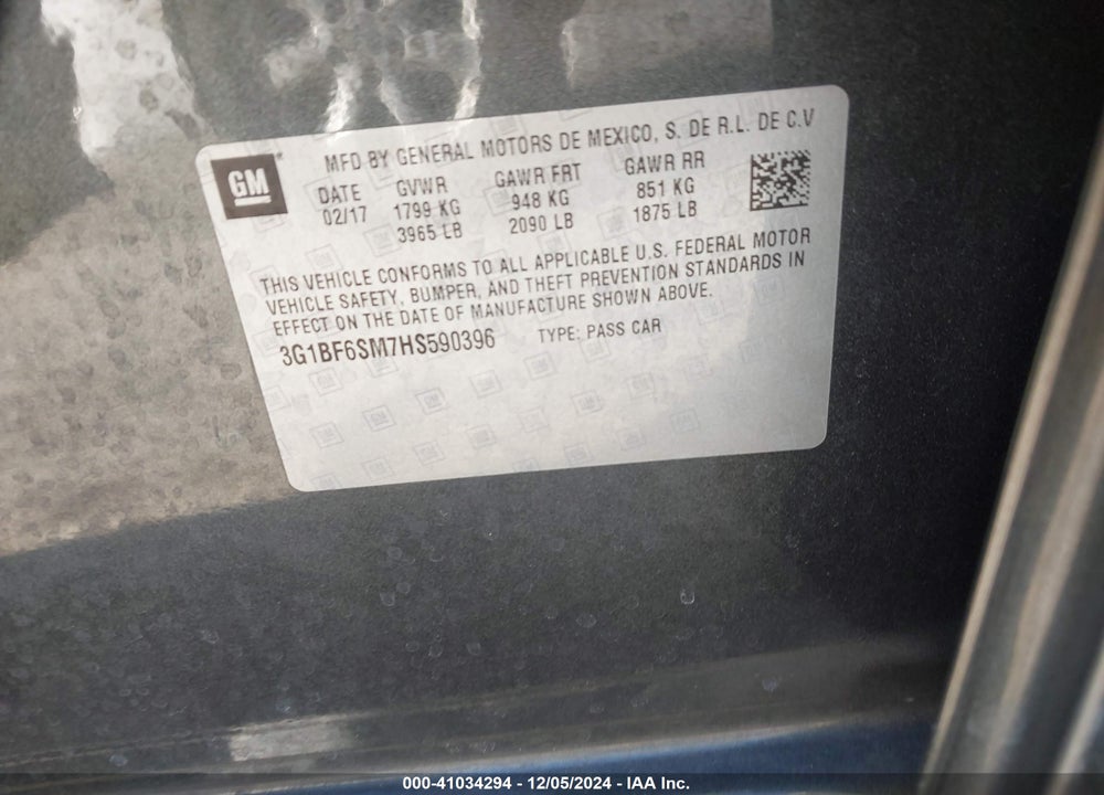 2017 CHEVROLET CRUZE PREMIER AUTO VIN: 3G1BF6SM7HS590396