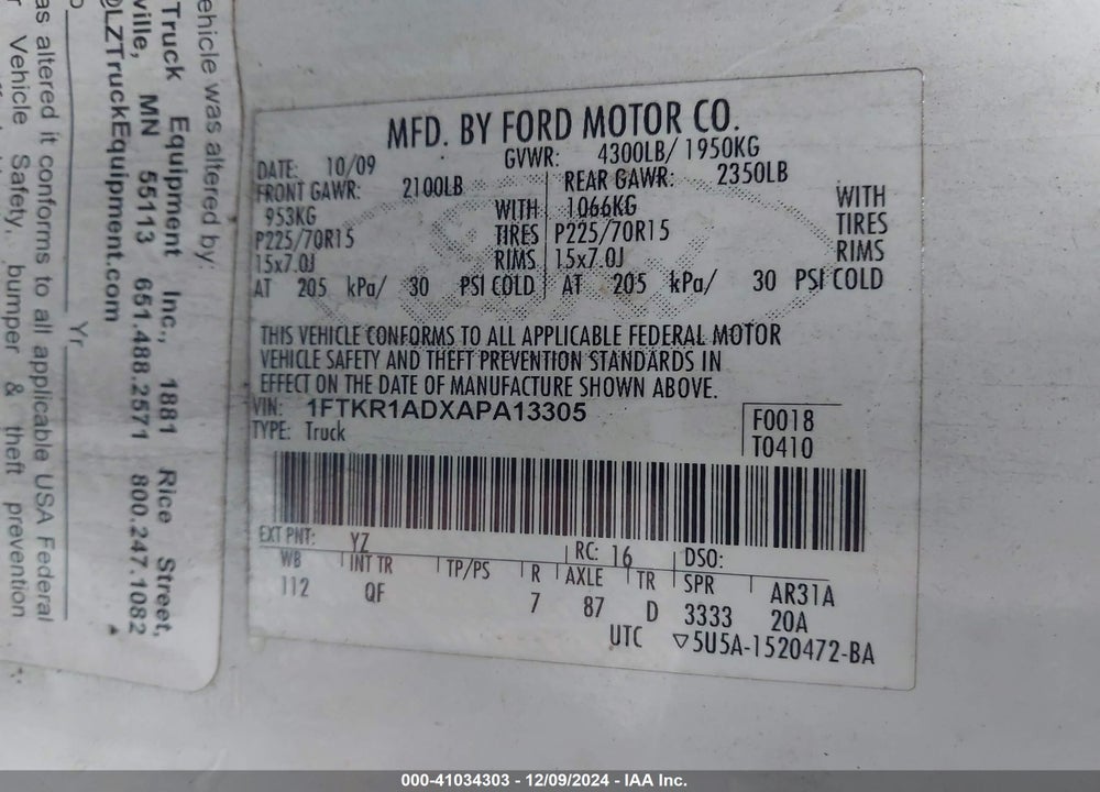 2010 FORD RANGER XL/XLT VIN: 1FTKR1ADXAPA13305