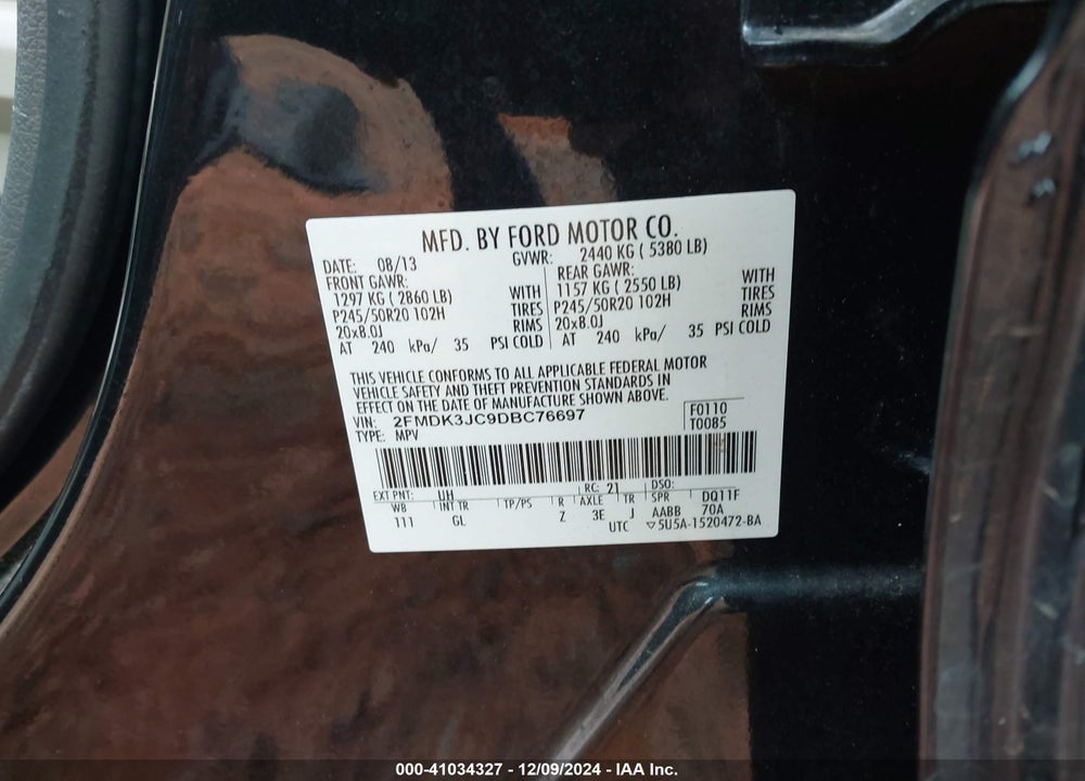 2013 FORD EDGE SEL VIN: 2FMDK3JC9DBC76697