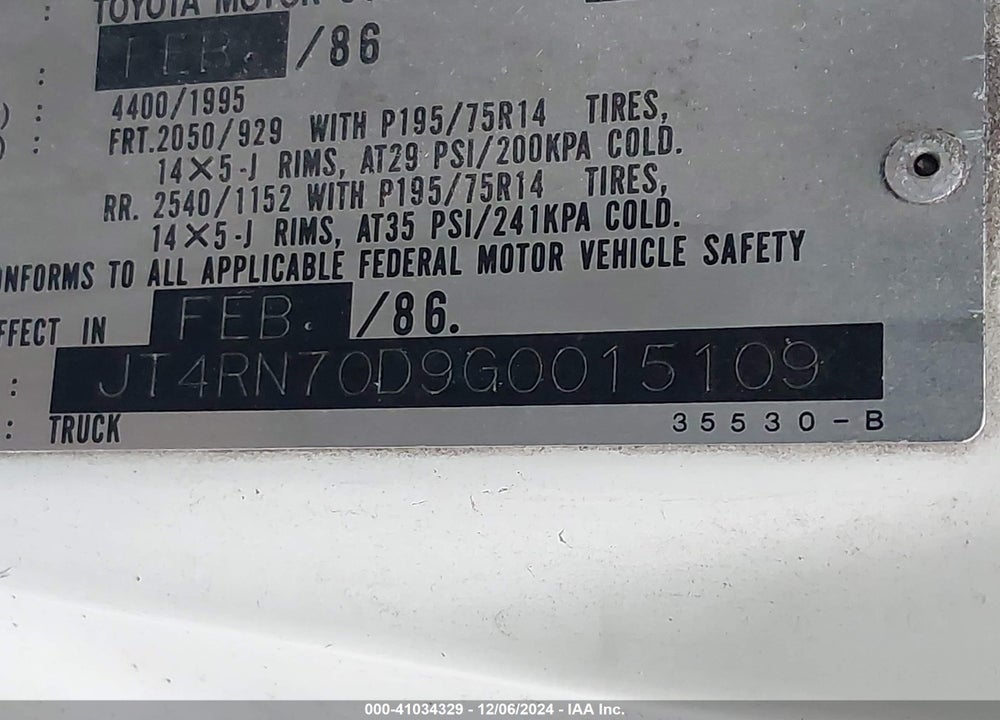 1986 TOYOTA PICKUP XTRACAB RN70 DLX VIN: JT4RN70D9G0015109