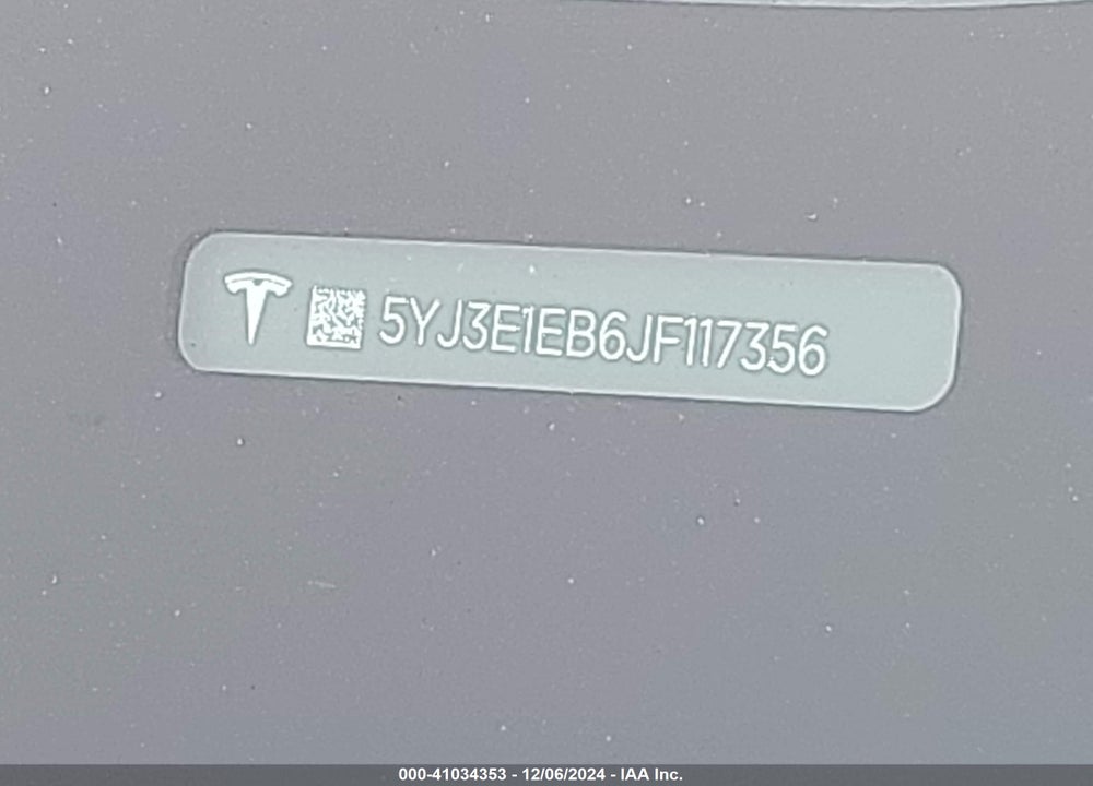 2018 TESLA MODEL 3 LONG RANGE/PERFORMANCE VIN: 5YJ3E1EB6JF117356