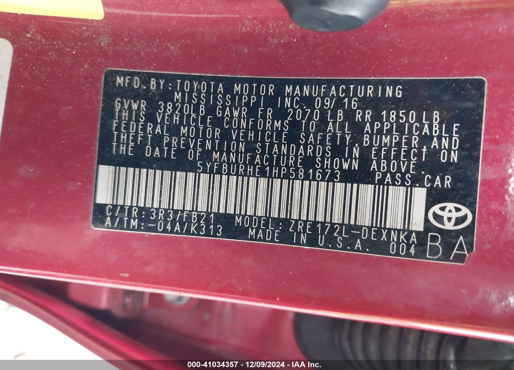 2017 TOYOTA COROLLA VIN: 5YFBURHE1HP581673