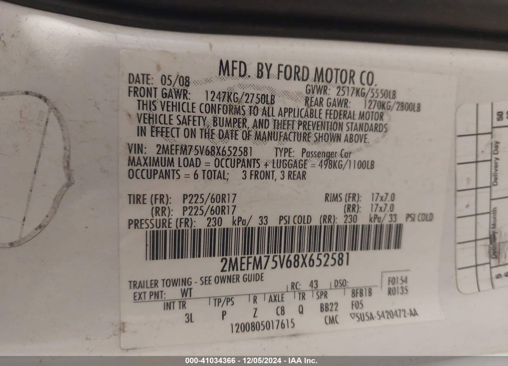2008 MERCURY GRAND MARQUIS LS VIN: 2MEFM75V68X652581