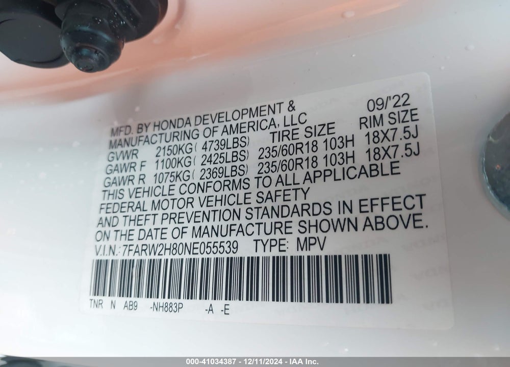 2022 HONDA CR-V AWD EX-L VIN: 7FARW2H80NE055539