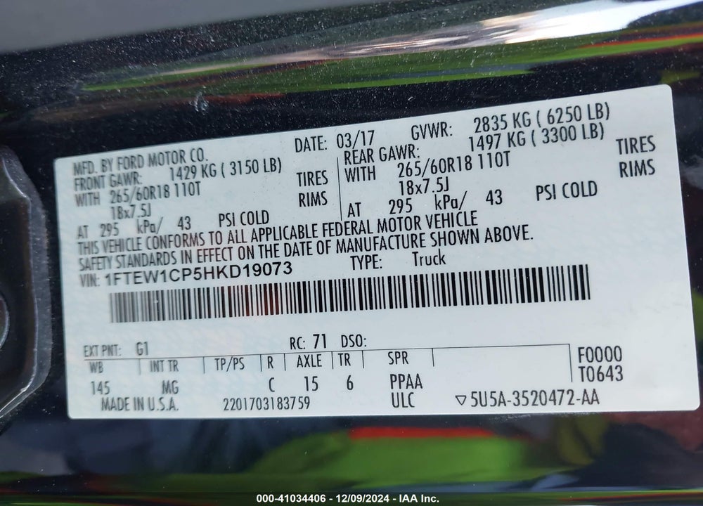 2017 FORD F-150 VIN: 1FTEW1CP5HKD19073