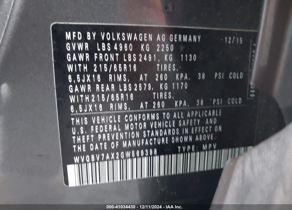 2016 VOLKSWAGEN TIGUAN S VIN: WVGBV7AX2GW569398