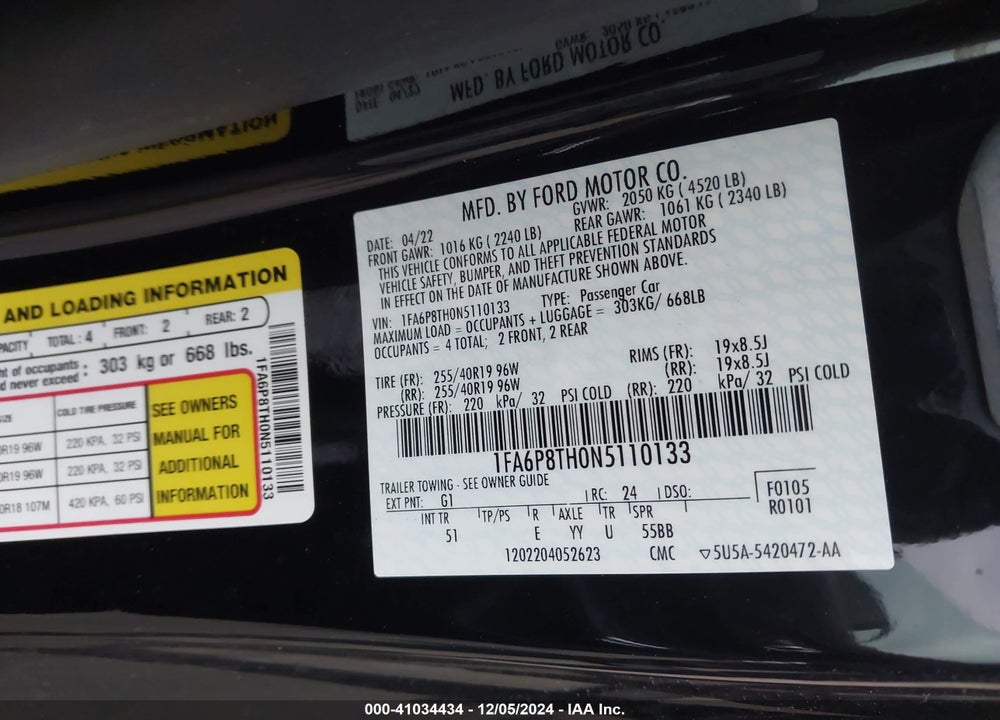 2022 FORD MUSTANG ECOBOOST PREMIUM FASTBACK VIN: 1FA6P8TH0N5110133