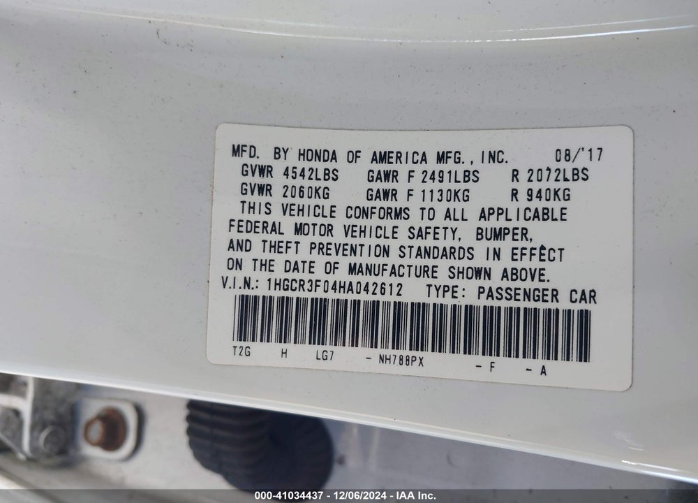 2017 HONDA ACCORD VIN: 1HGCR3F04HA042612