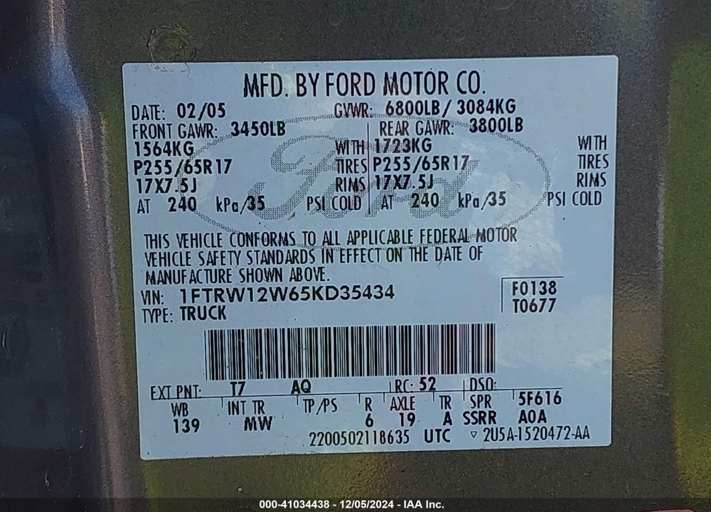 2005 FORD F-150 XLT VIN: 1FTRW12W65KD35434