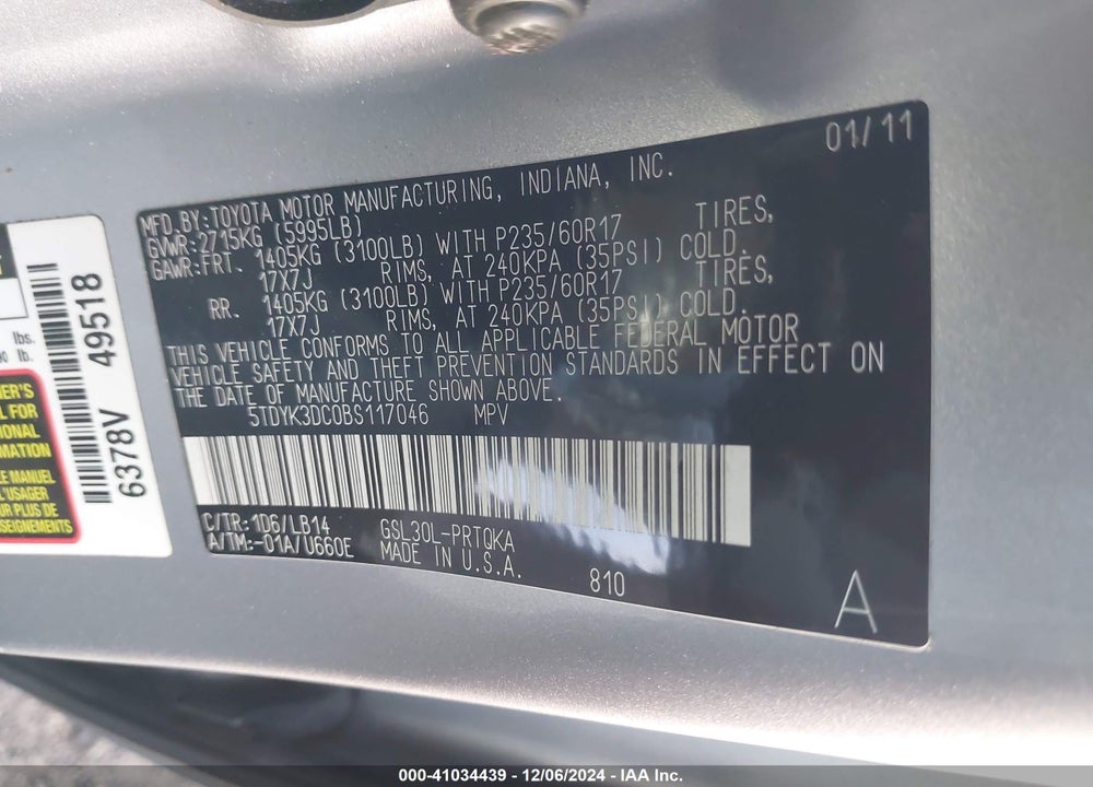 2011 TOYOTA SIENNA XLE V6 VIN: 5TDYK3DC0BS117046