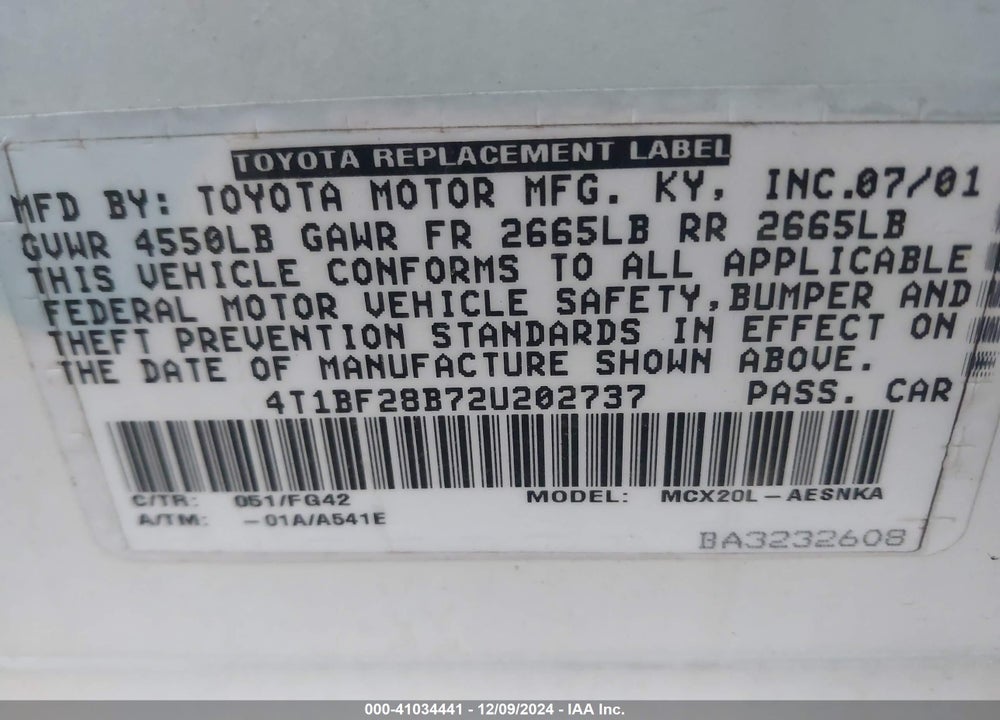 2002 TOYOTA AVALON XL VIN: 4T1BF28B72U202737