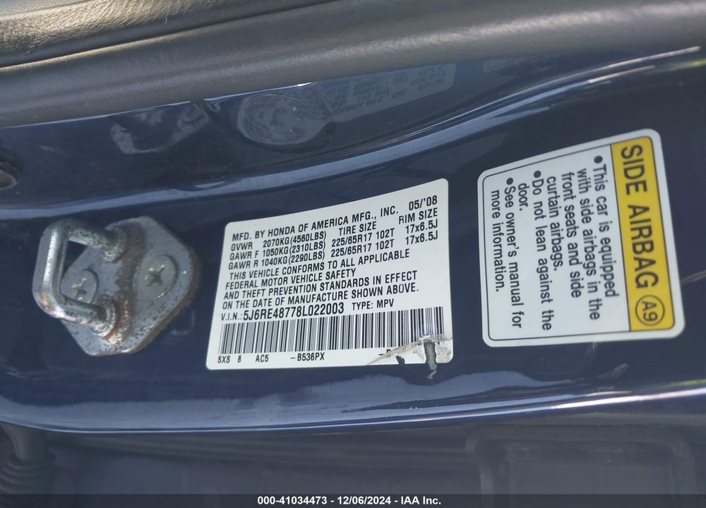 2008 HONDA CR-V EX-L VIN: 5J6RE48778L022003