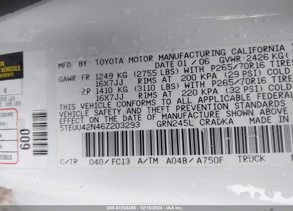 2006 TOYOTA TACOMA ACCESS CAB VIN: 5TEUU42N46Z203293