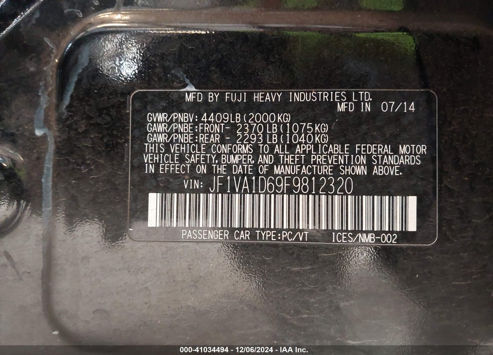 2015 SUBARU WRX PREMIUM VIN: JF1VA1D69F9812320