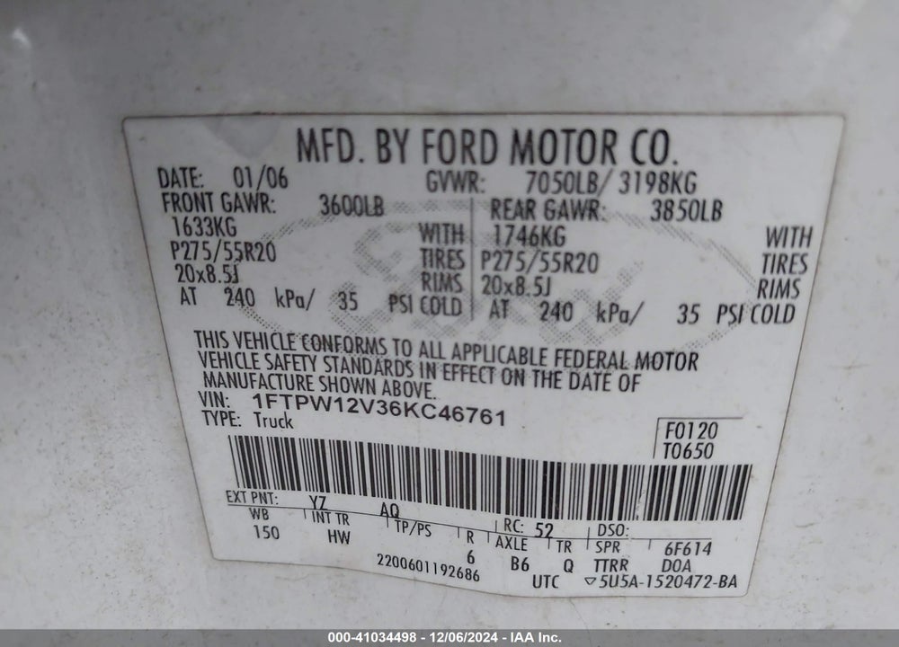 2006 FORD F150 SUPERCREW VIN: 1FTPW12V36KC46761