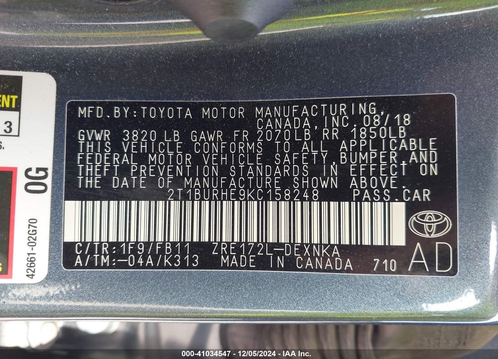 2019 TOYOTA COROLLA LE VIN: 2T1BURHE9KC158248