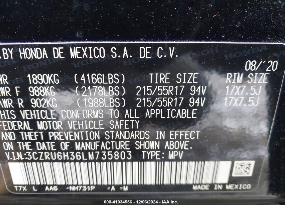 2020 HONDA HR-V AWD LX VIN: 3CZRU6H36LM735803