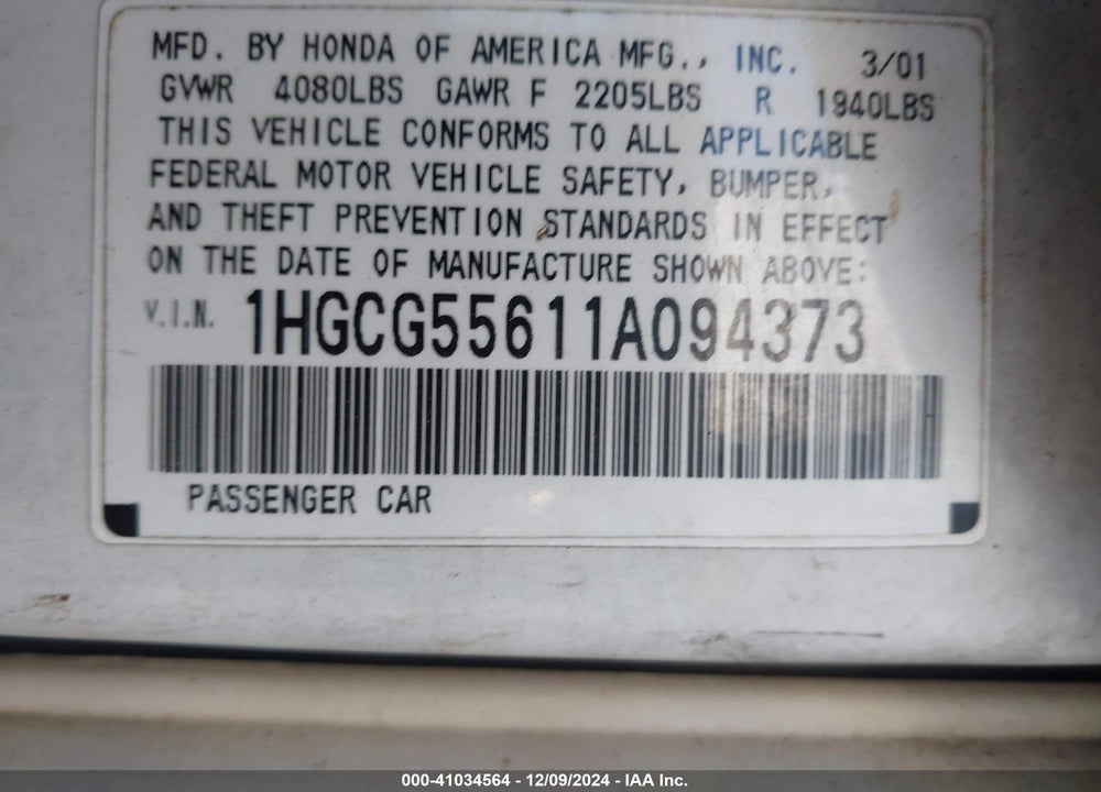 2001 HONDA ACCORD 2.3 EX VIN: 1HGCG55611A094373