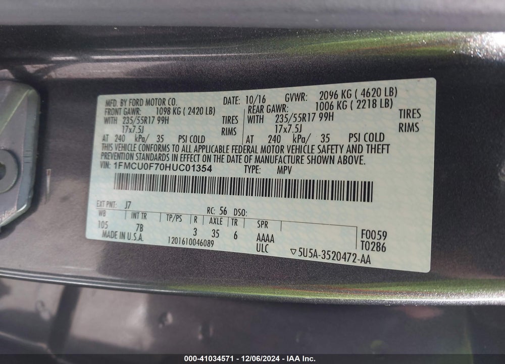 2017 FORD ESCAPE S VIN: 1FMCU0F70HUC01354