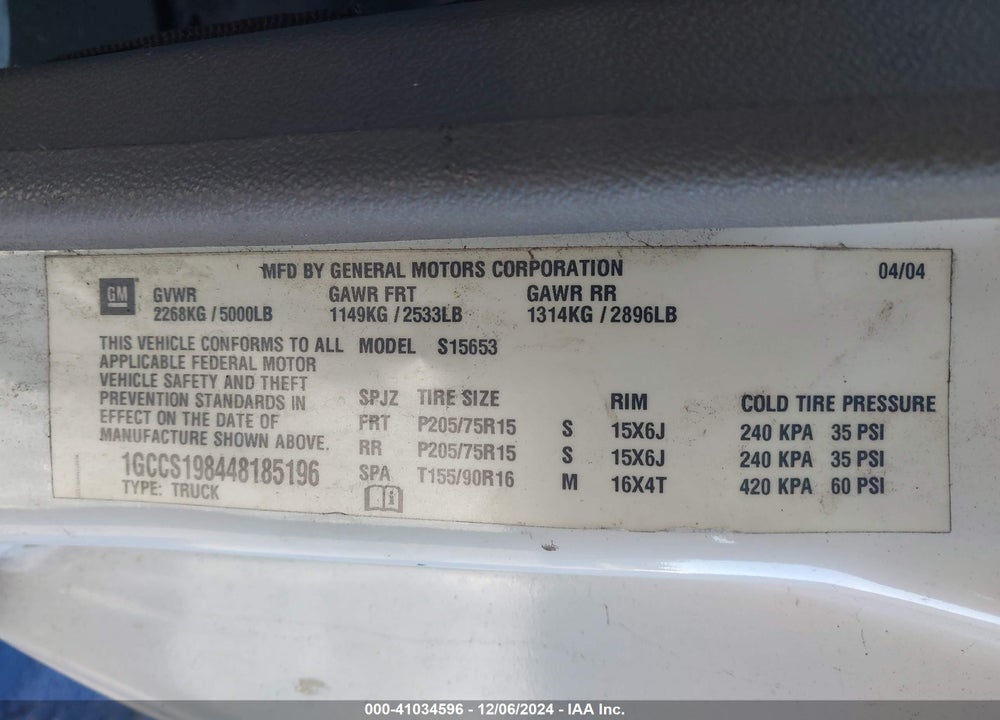 2004 CHEVROLET COLORADO VIN: 1GCCS198448185196