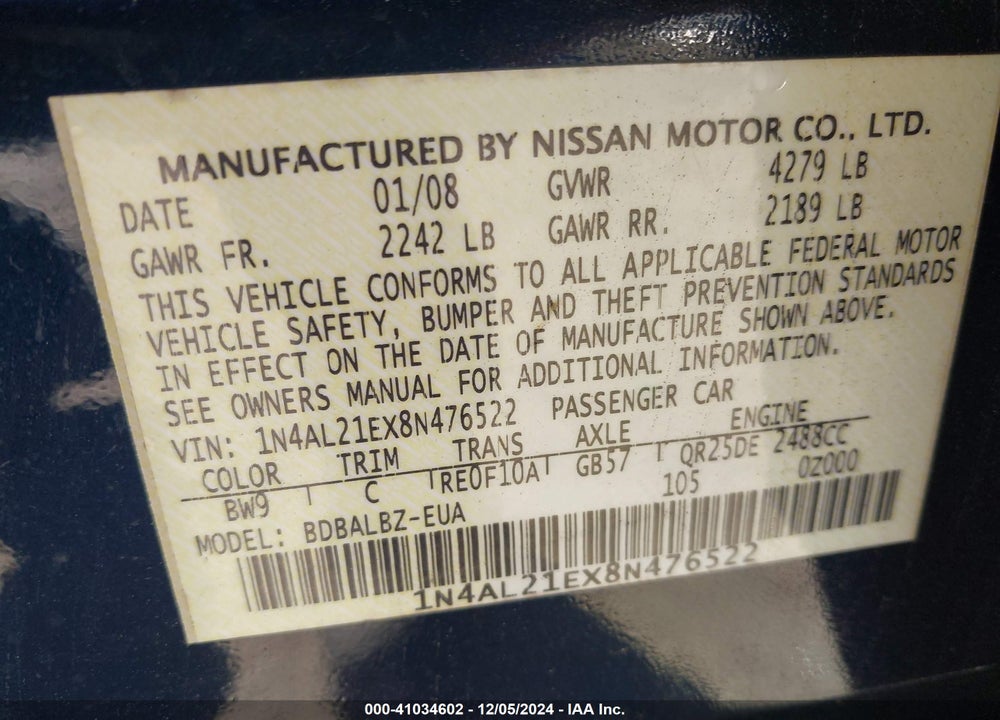 2008 NISSAN ALTIMA VIN: 1N4AL21EX8N476522