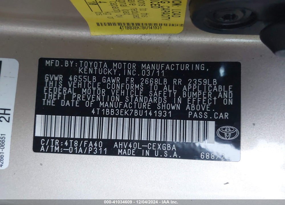 2011 TOYOTA CAMRY HYBRID VIN: 4T1BB3EK7BU141931