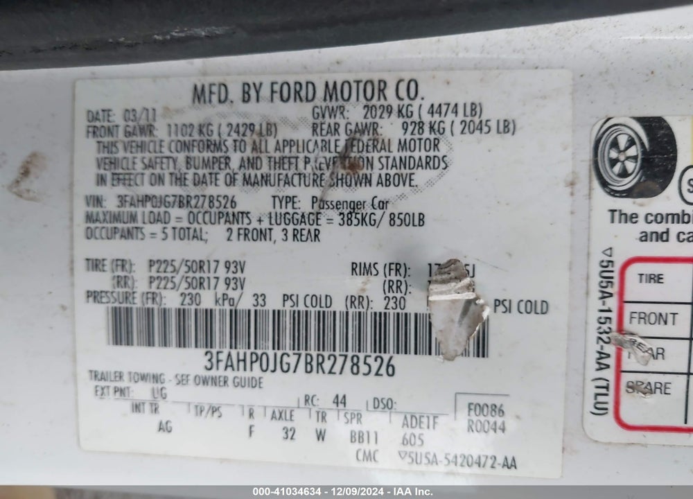 2011 FORD FUSION SEL VIN: 3FAHP0JG7BR278526
