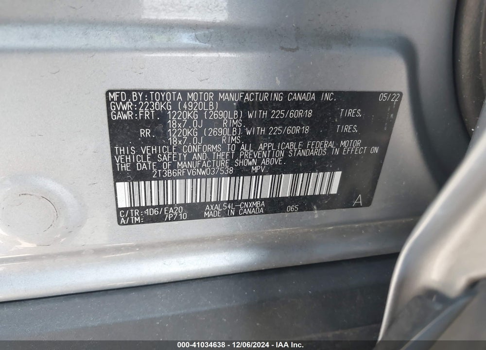 2022 TOYOTA RAV4 HYBRID XLE PREMIUM VIN: 2T3B6RFV6NW037538