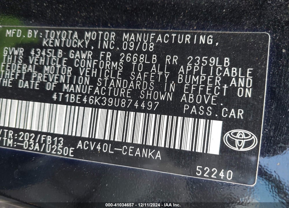 2009 TOYOTA CAMRY LE VIN: 4T1BE46K39U874497