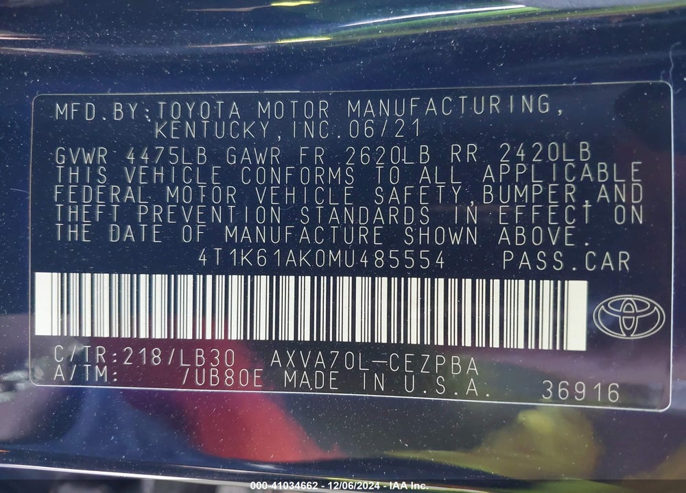 2021 TOYOTA CAMRY XSE VIN: 4T1K61AK0MU485554