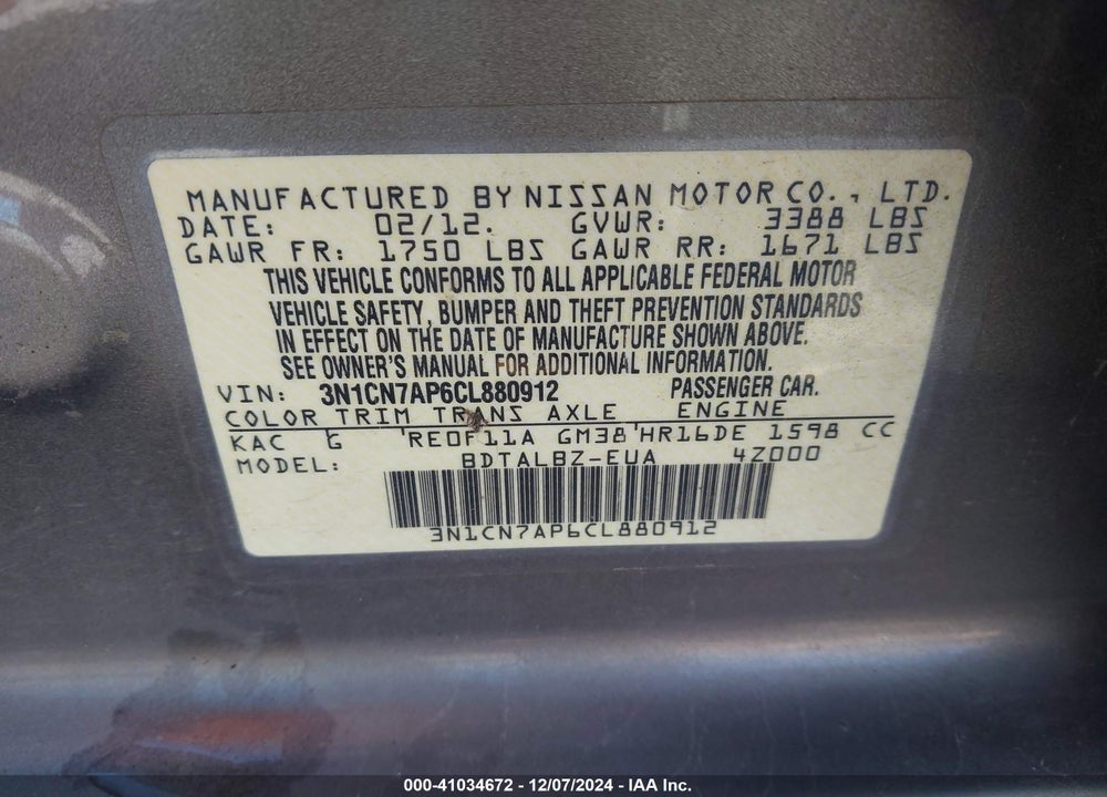 2012 NISSAN VERSA 1.6 SV VIN: 3N1CN7AP6CL880912
