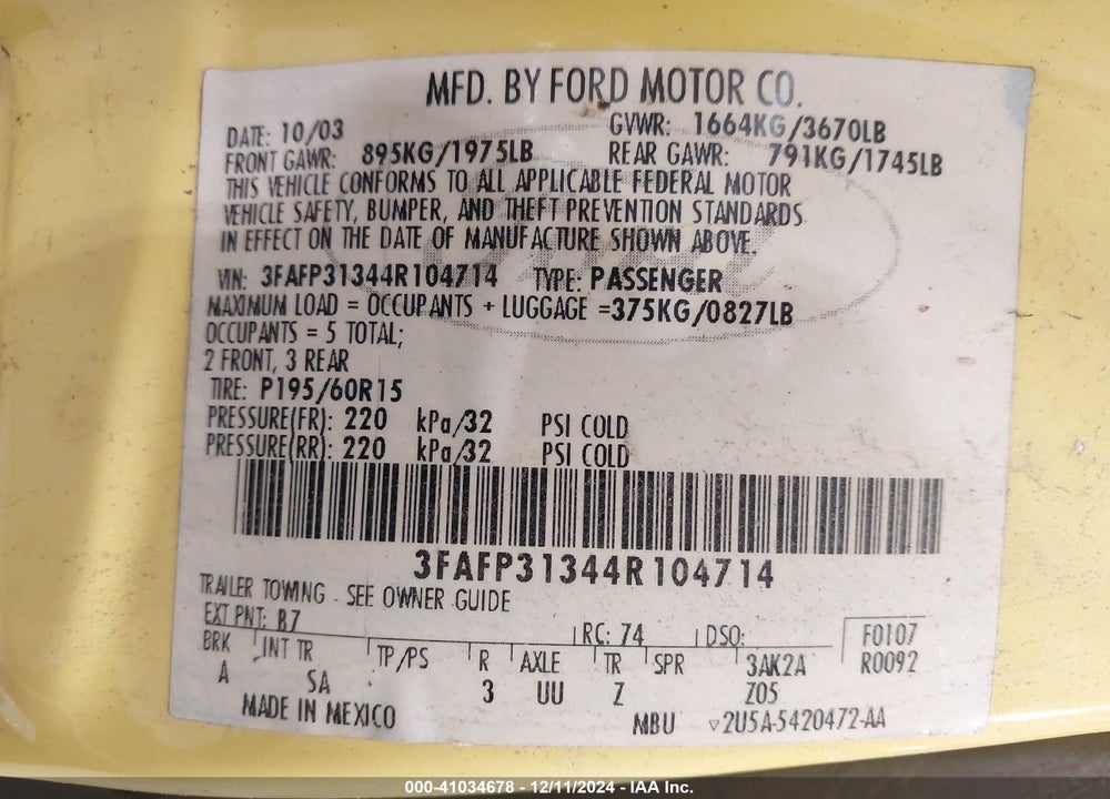 2004 FORD FOCUS ZX3 VIN: 3FAFP31344R104714