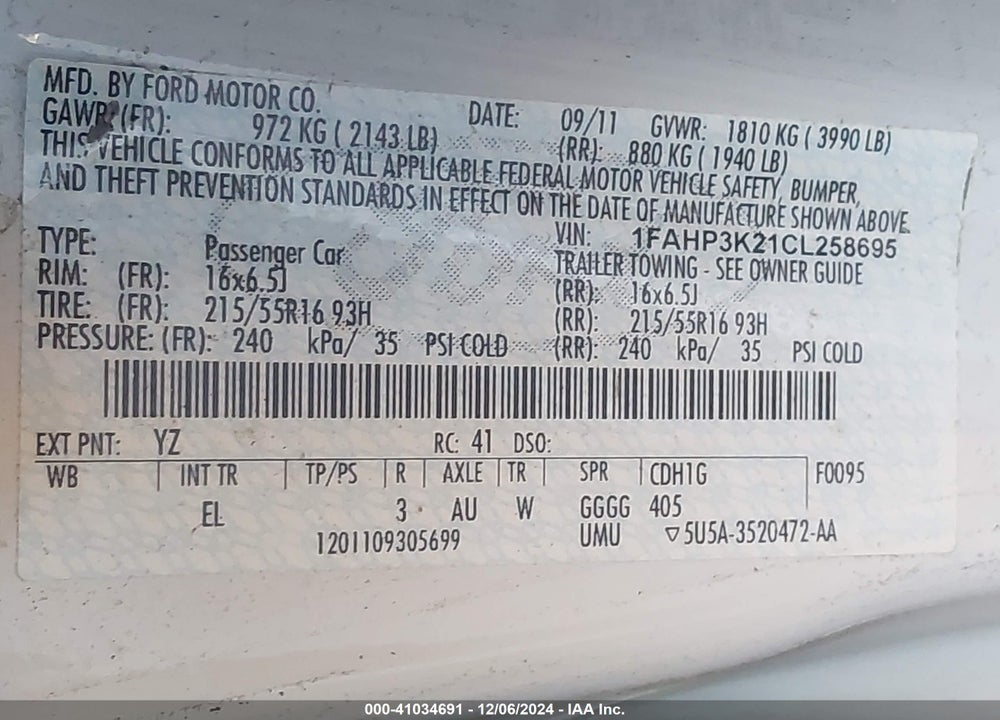 2012 FORD FOCUS SE VIN: 1FAHP3K21CL258695