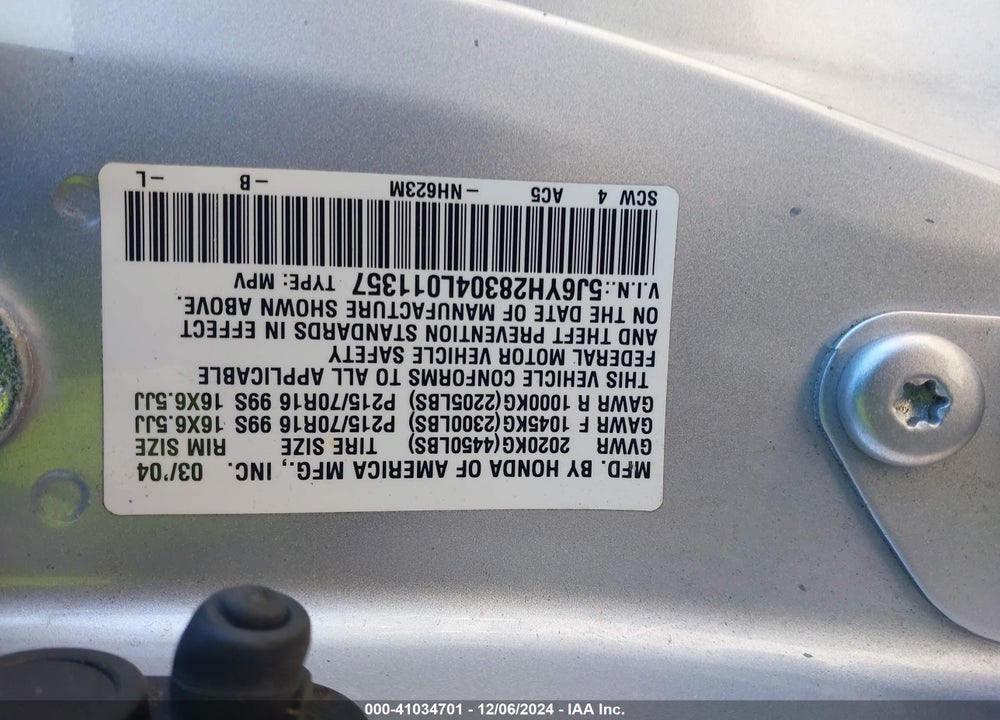 2004 HONDA ELEMENT LX VIN: 5J6YH28304L011357