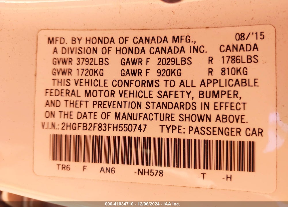 2015 HONDA CIVIC EX VIN: 2HGFB2F83FH550747