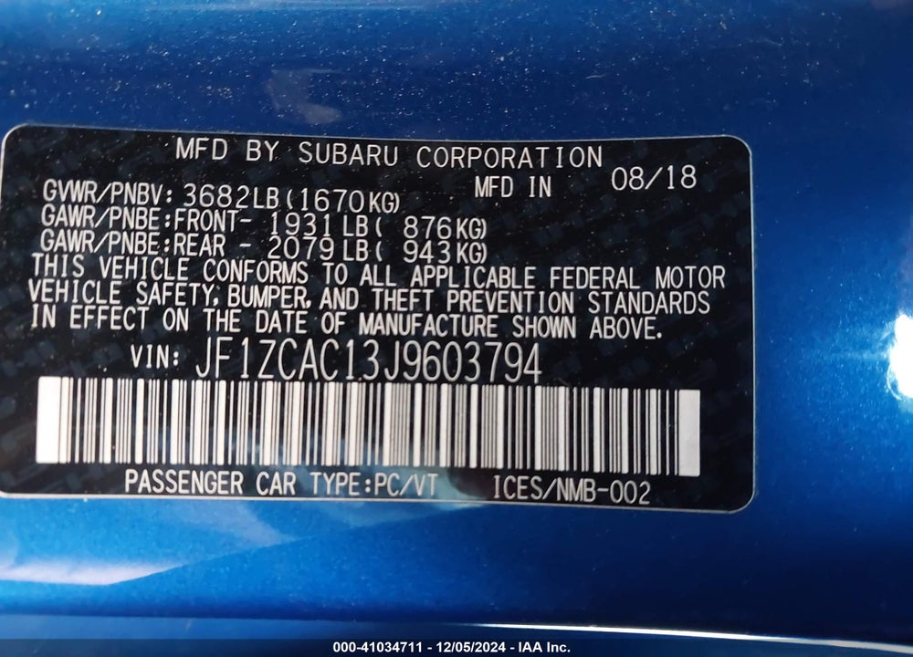 2018 SUBARU BRZ VIN: JF1ZCAC13J9603794