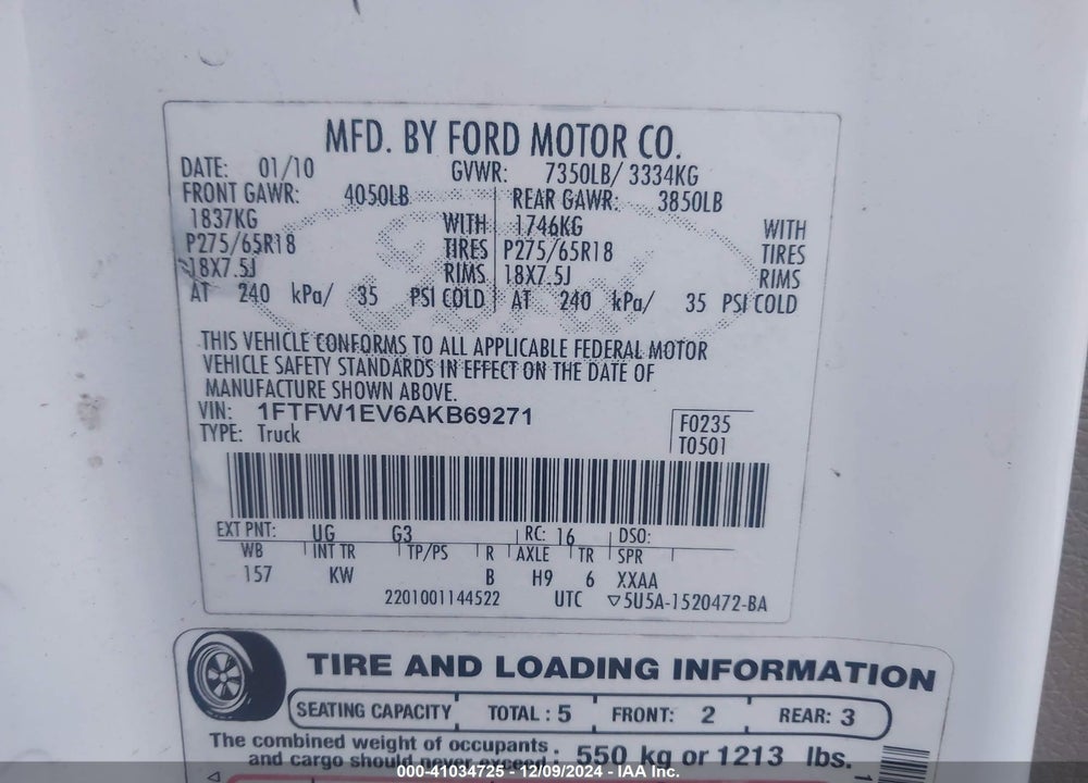 2010 FORD F-150 FX4/HARLEY-DAVIDSON/KING RANCH/LARIAT/PLATINUM/XL/XLT VIN: 1FTFW1EV6AKB69271