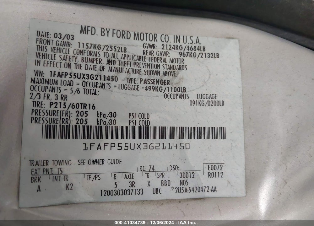 2003 FORD TAURUS SES VIN: 1FAFP55UX3G211450