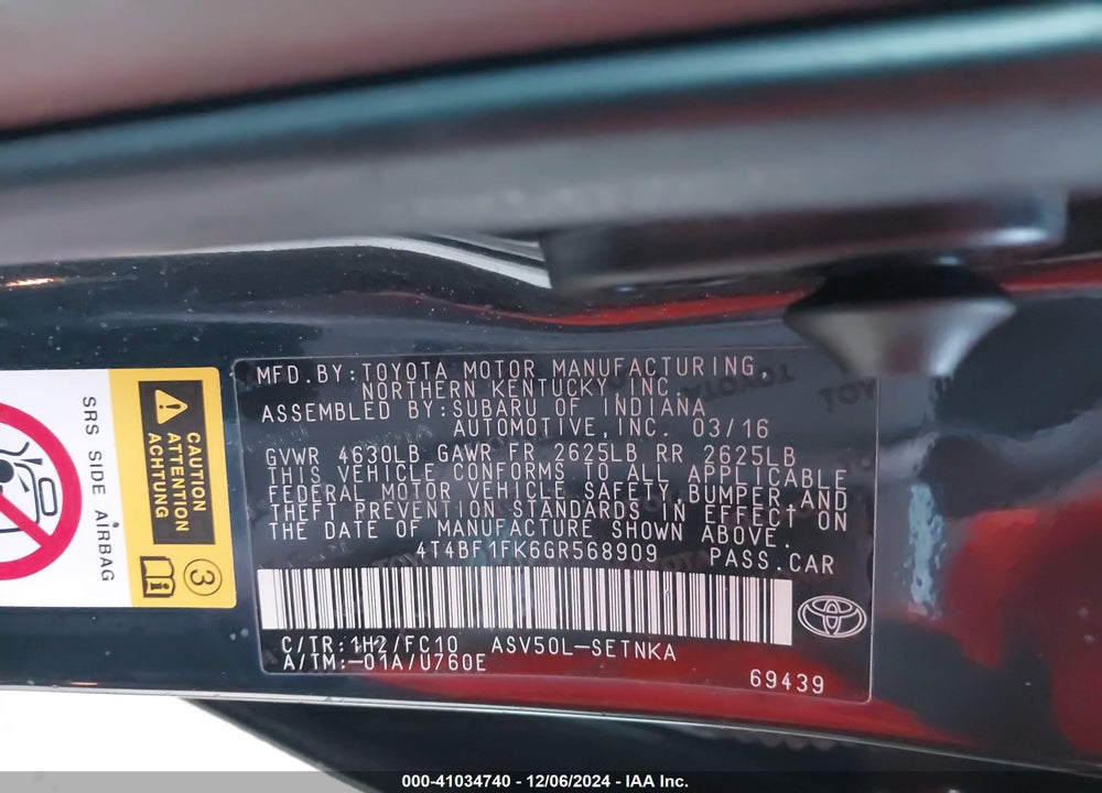 2016 TOYOTA CAMRY LE VIN: 4T4BF1FK6GR568909