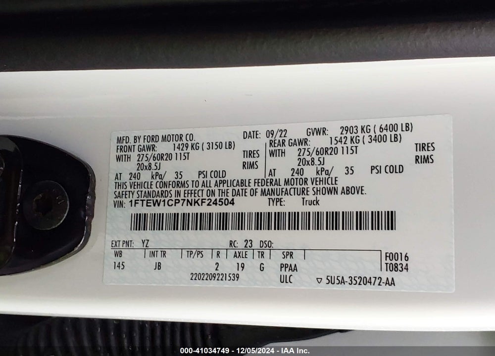2022 FORD F-150 XL VIN: 1FTEW1CP7NKF24504