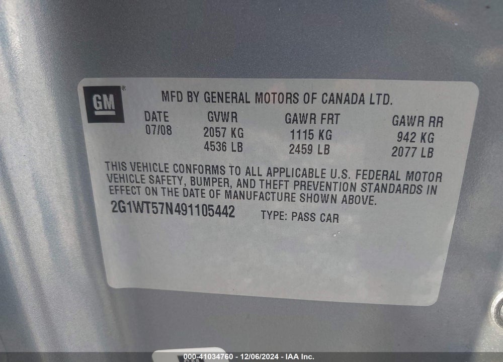2009 CHEVROLET IMPALA LT VIN: 2G1WT57N491105442