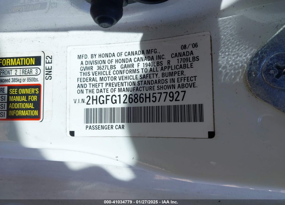 2006 HONDA CIVIC LX VIN: 2HGFG12686H577927